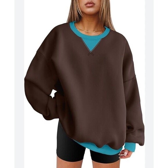 Womens Long Sleeve Oversized Pullover Sweatshirt Athleisure Comfy M Brown/Teal - Picture 1 of 3